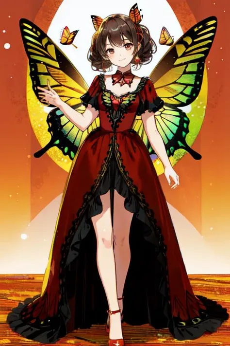 sexy face, 1girl, happy eyes, smiling, warm colors, butterflies in background, pose (standing), red dress (high collar), chest covered), small perky breasts, side-lighting, sparkling-eyes, <lora:Butterfly_clothing:2> red, dress, butterfly