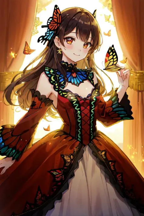 sexy face, 1girl, happy eyes, smiling, warm colors, butterflies in background, pose (standing), red dress (high collar), chest covered), small perky breasts, side-lighting, sparkling-eyes, <lora:Butterfly_clothing:2> red, dress, butterfly