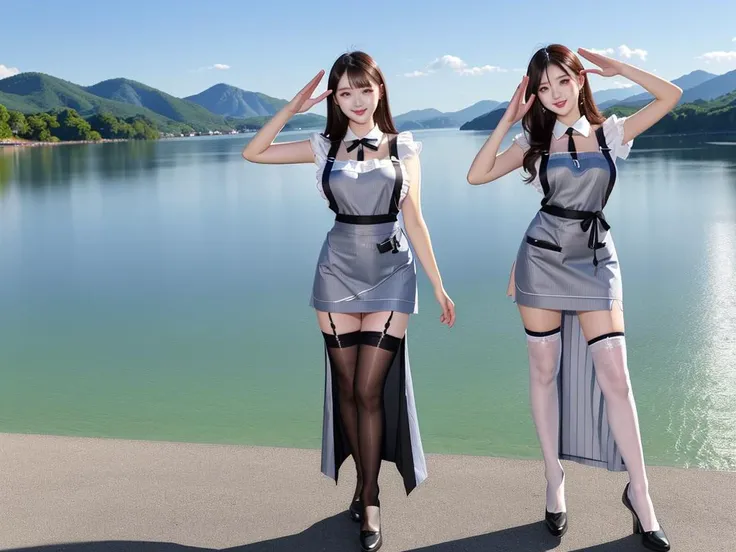 2 girls,(beautiful | extreme detailed face),Salute,full body shot,scenic view,professional photo,
<lora:Sexy Apron By Stable Yogi:0.8>,black cross laced apron,side slit,frills,thighhighs,(clothes gradation | transparent ),shoes,