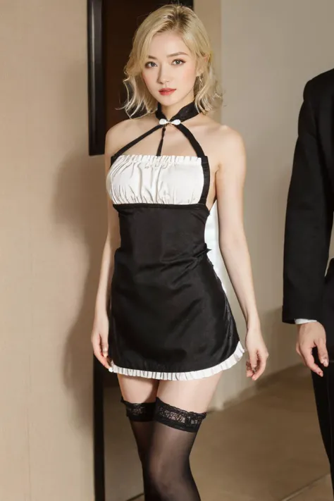 ((Masterpiece, best quality)),photography, detailed skin, realistic, photo-realistic, 8k, highly detailed, full length frame, High detail RAW color art, diffused soft lighting, shallow depth of field, sharp focus, hyperrealism, cinematic lighting,smiling,
edgApron, a blonde Nadia with sunglasses and a choker in a black and white apron lingerie ,wearing edgApron,heart shaped, frills, ribbons, (((back view, butt view)))
<lora:edgApronXL:0.7>
<lora:NadiaXL:0.6>