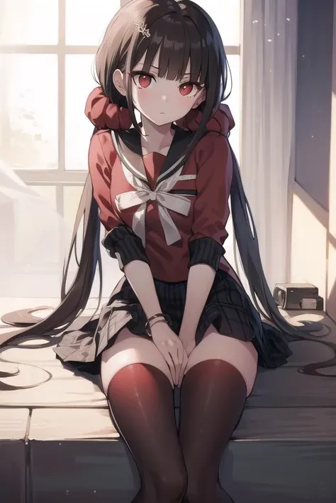 makiharukawa, <lora:makiharukawa:1>, harukawa maki, long hair, bangs, brown hair, black hair, hair ornament, (red eyes:1.5), twintails, very long hair, hairclip, blunt bangs, mole under eye, low twintails, scrunchie, hair scrunchie, red scrunchie, (small breast:1.2), BREAK skirt, shirt, thighhighs, long sleeves, bow, school uniform, pleated skirt, serafuku, miniskirt, black skirt, sailor collar, mole, bracelet, zettai ryouiki, plaid, plaid skirt, red shirt, black sailor collar, red thighhighs, BREAK looking at viewer, BREAK outside, beach, BREAK <lora:GoodHands-vanilla:1>, (masterpiece:1.2), best quality, high resolution, unity 8k wallpaper, (illustration:0.8), (beautiful detailed eyes:1.6), extremely detailed face, perfect lighting, extremely detailed CG, (perfect hands, perfect anatomy),