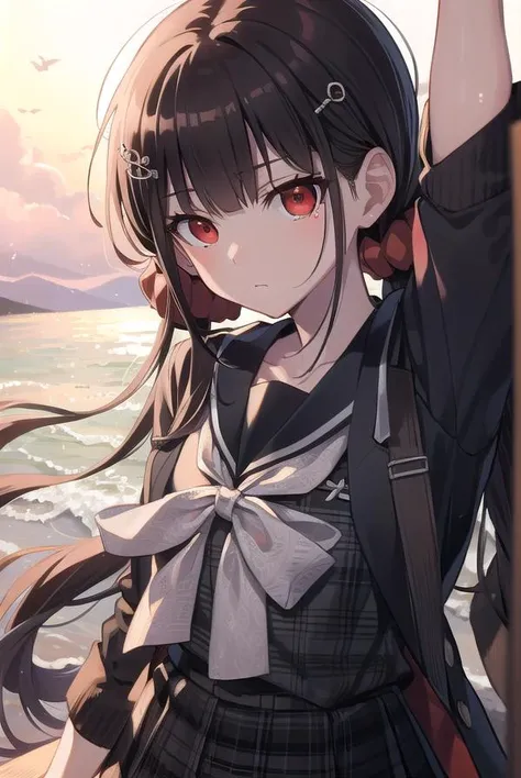 makiharukawa, <lora:makiharukawa:1>, harukawa maki, long hair, bangs, brown hair, black hair, hair ornament, (red eyes:1.5), twintails, very long hair, hairclip, blunt bangs, mole under eye, low twintails, scrunchie, hair scrunchie, red scrunchie, (small breast:1.2), BREAK skirt, shirt, thighhighs, long sleeves, bow, school uniform, pleated skirt, serafuku, miniskirt, black skirt, sailor collar, mole, bracelet, zettai ryouiki, plaid, plaid skirt, red shirt, black sailor collar, red thighhighs, BREAK looking at viewer, BREAK outside, beach, BREAK <lora:GoodHands-vanilla:1>, (masterpiece:1.2), best quality, high resolution, unity 8k wallpaper, (illustration:0.8), (beautiful detailed eyes:1.6), extremely detailed face, perfect lighting, extremely detailed CG, (perfect hands, perfect anatomy),