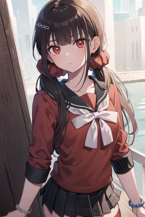 makiharukawa, <lora:makiharukawa:1>, harukawa maki, long hair, bangs, brown hair, black hair, hair ornament, (red eyes:1.5), twintails, very long hair, hairclip, blunt bangs, mole under eye, low twintails, scrunchie, hair scrunchie, red scrunchie, (small breast:1.2), BREAK skirt, shirt, thighhighs, long sleeves, bow, school uniform, pleated skirt, serafuku, miniskirt, black skirt, sailor collar, mole, bracelet, zettai ryouiki, plaid, plaid skirt, red shirt, black sailor collar, red thighhighs, BREAK looking at viewer, BREAK outside, beach, BREAK <lora:GoodHands-vanilla:1>, (masterpiece:1.2), best quality, high resolution, unity 8k wallpaper, (illustration:0.8), (beautiful detailed eyes:1.6), extremely detailed face, perfect lighting, extremely detailed CG, (perfect hands, perfect anatomy),