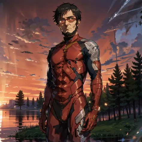 1boy, solo, ikari gendou, black hair, beard, facial hair, yellow sunglasses, standing, park, sunset, trees, lake,o004, red bodysuit,stand up<lora:ikari_gendo_v103:1> <lora:outfit-eavsuit:1>