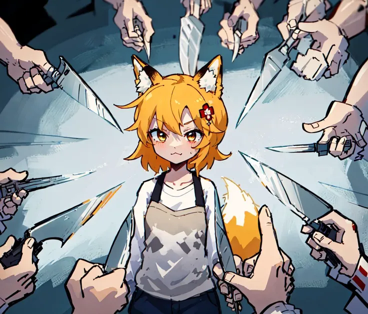 masterpiece, best quality, Wpndrnjnwk, sen, animal ears, fox ears, fox girl, fox tail, hair flower, hair ornament, orange eyes, orange hair, short hair, tail,<lora:senko_2023-04-03_nai_no-vae_lr_1e-3_dim64:0.5>, smug, :3, knife, holding_knife, cowboy shot, Beautiful Art Style, refreshing,   <lora:WeaponsDrawn-40:0.8>