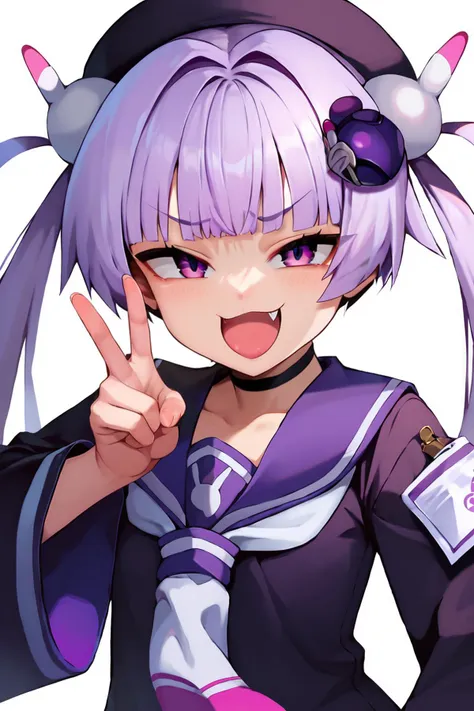 score_9, score_8_up, score_7_up,BREAK,  <lora:_dark_bombergirl-elesico:1>daakubombase, twintails, hair ornament, fang,hat, choker, purple school uniform, purple shirt, long shirt, wide sleeves,smug,v-sign,upper body,best quality