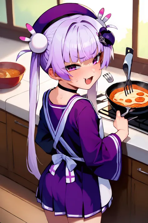 score_9, score_8_up, score_7_up,BREAK,  <lora:_dark_bombergirl-elesico:1>daakubombase, twintails, hair ornament, fang,hat, choker, purple school uniform, purple shirt, long shirt, wide sleeves,apron,cooking,looking back,smug,blush,sweat,best quality