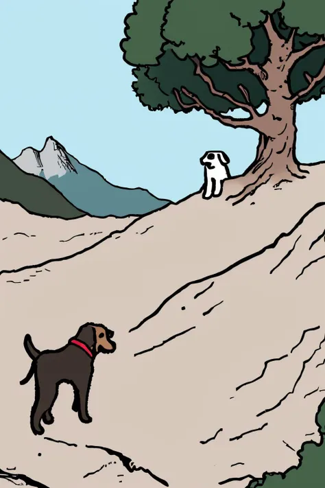 (masterpiece, best quality, uhd, 8k) <lora:PBFComicsStyle_v1-000018:0.75> pbfcomics style, solo, dog, standing on a mountain