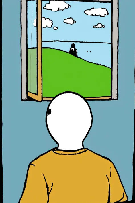 (masterpiece, best quality, uhd, 8k) <lora:PBFComicsStyle_v1-000018:0.75> pbfcomics style, solo, man looking out window, from behind