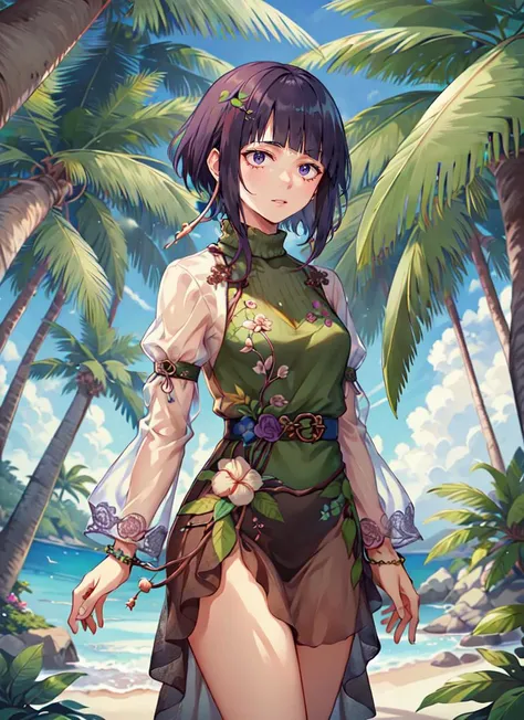 ((best quality)), ((highly detailed)), masterpiece, absurdres, (detailed eyes, deep eyes), (1girl), cowboy shot, <lora:KyokaJirou:1>, jirou, short hair, purple hair, blunt bangs, sidelocks, purple eyes, long earlobes, small breasts, black dress, long dress, skirt, turtleneck, long sleeves, see-through sleeves, belt, collar, bracelet, high heels, (outside, on a tropical island, palm trees, afternoon), <lora:NatureStyle:1>, naturestyle