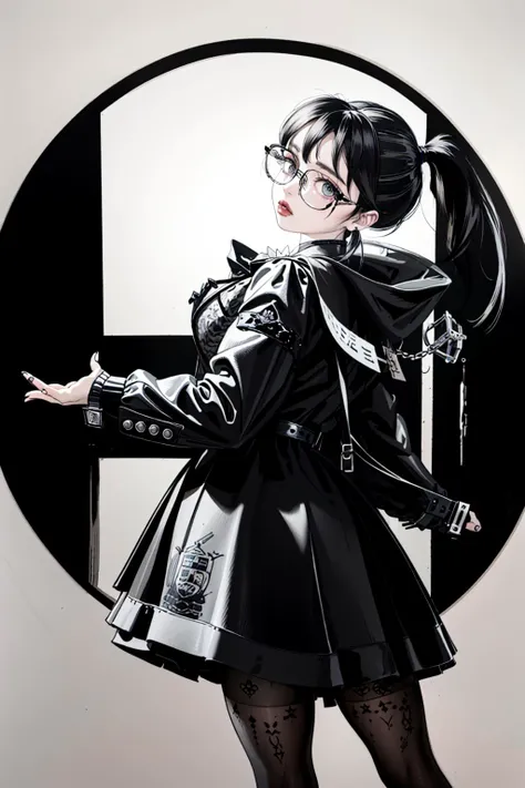 ((Masterpiece, best quality)), edgQuality,bimbo,glossy, GothGal, a woman in a black and white dress,ribbon,lace,goth print , eyepatch,woman wearing a GothGal outfit <lora:edgGothGal_MINI:1> <lora:amiyaAK:1>
hiro, 1girl, monochrome, solo, greyscale, skirt, glasses, pencil skirt, long hair, looking at viewer, formal, breasts, ass, white background, simple background, office lady, ponytail, suit, looking back, signature, pantyhose, large breasts, watch, long sleeves, parted lips, jacket, dated, wristwatch, {{illustration}},{{{masterpiece}}},{{best quality}},{High resolution},{highres}, <lora:hiro:0.7>