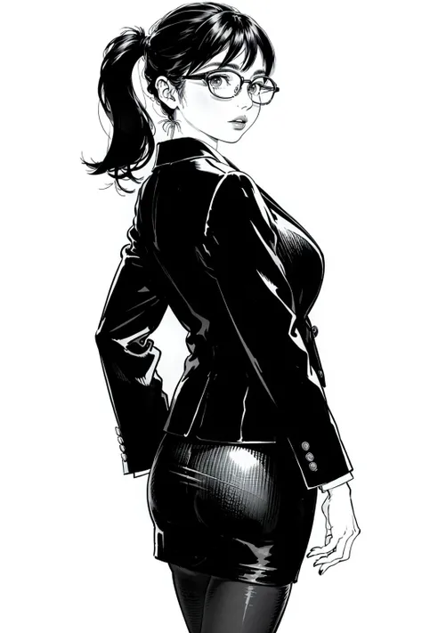 hiro, 1girl, monochrome, solo, greyscale, skirt, glasses, pencil skirt, long hair, looking at viewer, formal, breasts, ass, white background, simple background, office lady, ponytail, suit, looking back, signature, pantyhose, large breasts, watch, long sleeves, parted lips, jacket, dated, wristwatch, {{illustration}},{{{masterpiece}}},{{best quality}},{High resolution},{highres}, <lora:hiro:0.7>