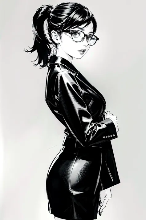 hiro, 1girl, monochrome, solo, greyscale, skirt, glasses, pencil skirt, long hair, looking at viewer, formal, breasts, white background, simple background, office lady, ponytail, suit, looking back, signature, pantyhose, large breasts, watch, long sleeves, parted lips, jacket, dated, wristwatch, {{illustration}},{{{masterpiece}}},{{best quality}},{High resolution},{highres}, <lora:hiro:0.7>