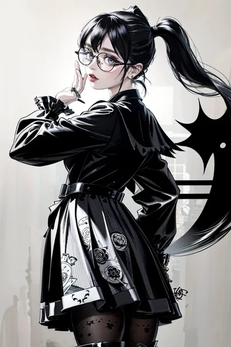((Masterpiece, best quality)), edgQuality,bimbo,glossy, GothGal, a woman in a black and white dress,ribbon,lace,goth print , eyepatch,woman wearing a GothGal outfit <lora:edgGothGal_MINI:1> <lora:amiyaAK:1>
hiro, 1girl, monochrome, solo, greyscale, skirt, glasses, pencil skirt, long hair, looking at viewer, formal, breasts, ass, white background, simple background, office lady, ponytail, suit, looking back, signature, pantyhose, large breasts, watch, long sleeves, parted lips, jacket, dated, wristwatch, {{illustration}},{{{masterpiece}}},{{best quality}},{High resolution},{highres}, <lora:hiro:0.7>