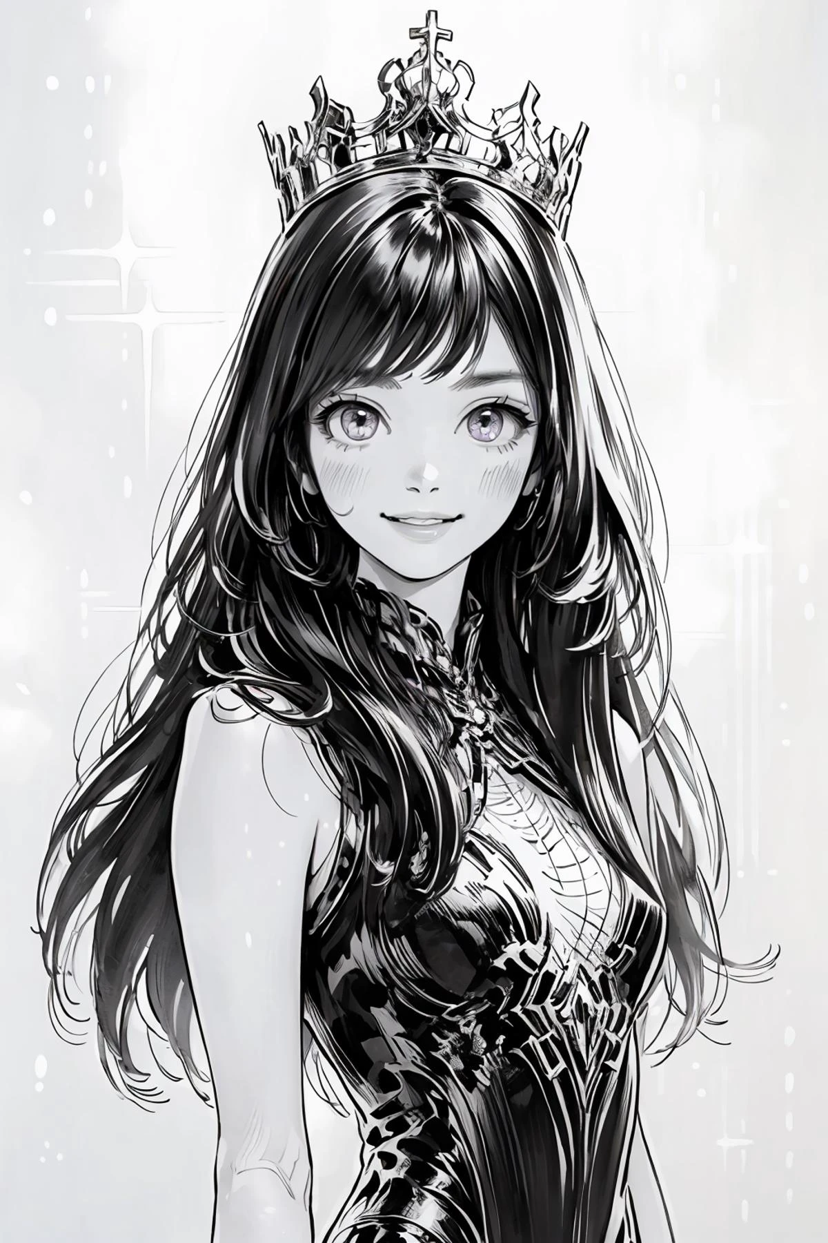 8k high quality detailed,highres,anime,comic,detailed image,
(an illustration of a age girl posing,(an illustration of girl,teengirl)),(magazine_illustration),(, hiro,greyscale,monochrome,traditional media),
(1girl,asian_female,blue hair, very long hair, asymmetrical bangs, purple eyes, pale skin, small breasts),(Playful Smile),detailed_face,
((the pose):0.8),
((<lora:miss_universe:0.55>, wearing crown):0.85),(,realistic clothing texture,realistic_skin_texture),<lora:hiro:0.75>,<lora:more_details:0.2>