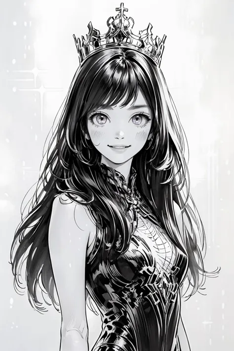 8k high quality detailed,highres,anime,comic,detailed image,
(an illustration of a teenage girl posing,(an illustration of girl,teenage girl)),(magazine_illustration),(, hiro,greyscale,monochrome,traditional media),
(1girl,asian_female,blue hair, very long hair, asymmetrical bangs, purple eyes, pale skin, small breasts),(Playful Smile),detailed_face,
((the pose):0.8),
((<lora:miss_universe:0.55>, wearing crown):0.85),(,realistic clothing texture,realistic_skin_texture),<lora:hiro:0.75>,<lora:more_details:0.2>