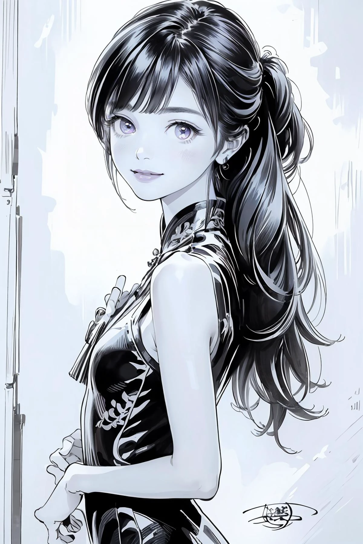 8k high quality detailed,highres,anime,comic,detailed image,
(an illustration of a age girl posing,(an illustration of girl,teengirl)),(magazine_illustration),(, hiro,greyscale,monochrome,traditional media),
(1girl,asian_female,blue hair, very long hair, asymmetrical bangs, purple eyes, pale skin, small breasts),(Seductive Smile),detailed_face,
((Posing with one hand on the chest, looking proud,):0.8),
((<lora:272QpZhongguojieMx:0.55>,qipao):0.85),(,realistic clothing texture,realistic_skin_texture),<lora:hiro:0.75>,<lora:more_details:0.2>