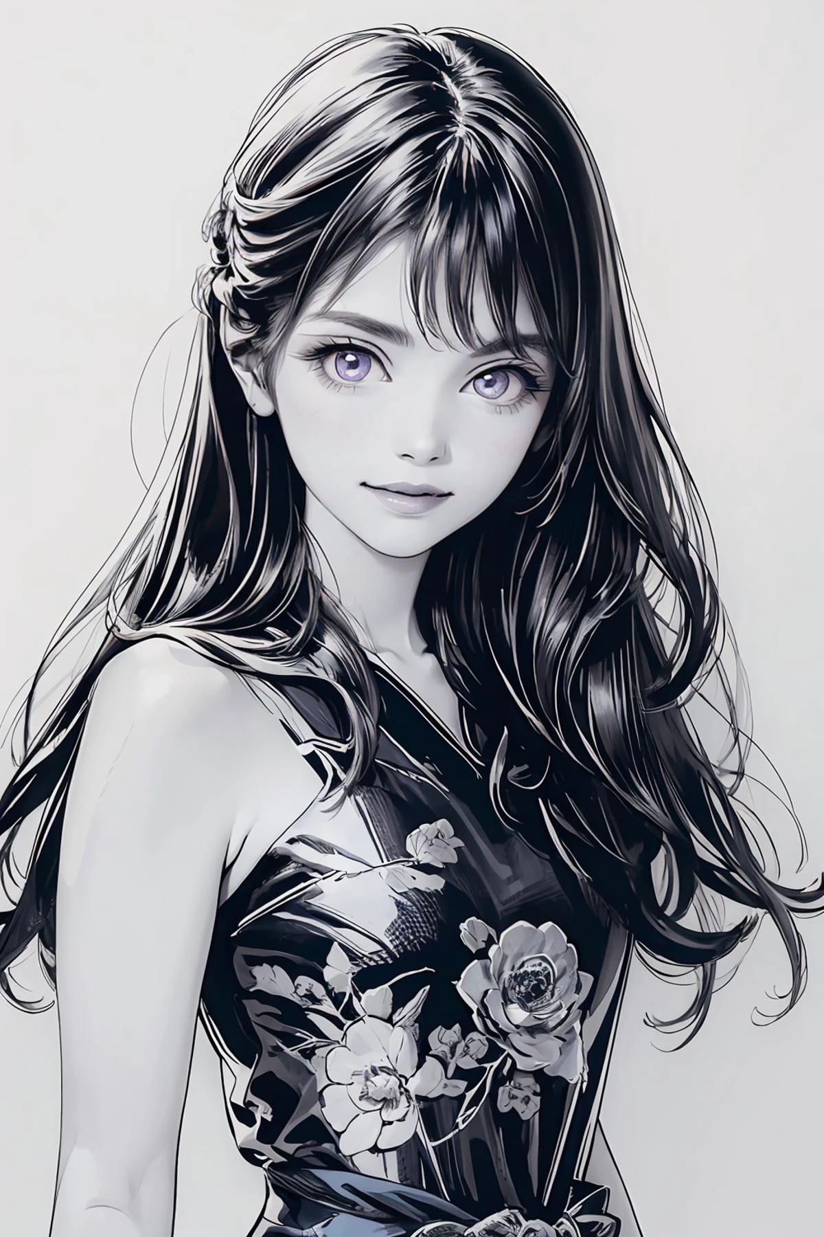 8k high quality detailed,highres,anime,comic,detailed image,
(an illustration of a age girl posing,(an illustration of girl,teengirl)),(magazine_illustration),(, hiro,greyscale,monochrome,traditional media),
(1girl,asian_female,blue hair, very long hair, asymmetrical bangs, purple eyes, pale skin, small breasts),(Smug Smile),detailed_face,
((Reaching out to touch a flower, exuding wonder and appreciation,):0.8),
((<lora:sabai6:0.5>, sabai,sabai_dress,jewelry):0.85),(,realistic clothing texture,realistic_skin_texture),<lora:hiro:0.75>,<lora:more_details:0.2>
