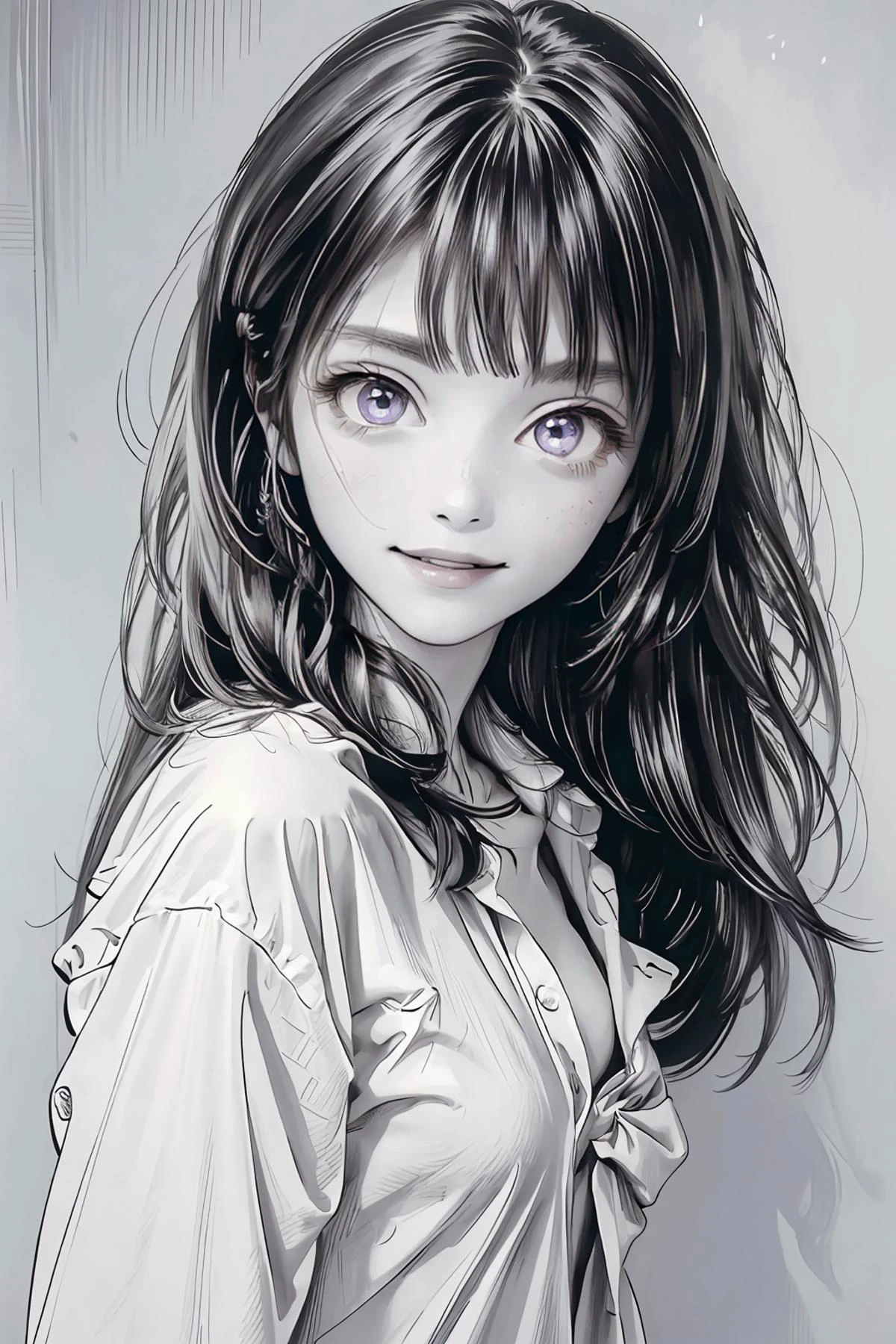 8k high quality detailed,highres,anime,comic,detailed image,
(an illustration of a age girl posing,(an illustration of girl,teengirl)),(magazine_illustration),(, hiro,greyscale,monochrome,traditional media),
(1girl,asian_female,blue hair, very long hair, asymmetrical bangs, purple eyes, pale skin, small breasts),(Encouraging Smile),detailed_face,
((stroking own chin):0.8),
((<lora::0.65>,BFShirt,oversized_shirt,unbuttoned,long,strapless,[off shoulder]):0.85),(,realistic clothing texture,realistic_skin_texture),<lora:hiro:0.75>,<lora:more_details:0.2>