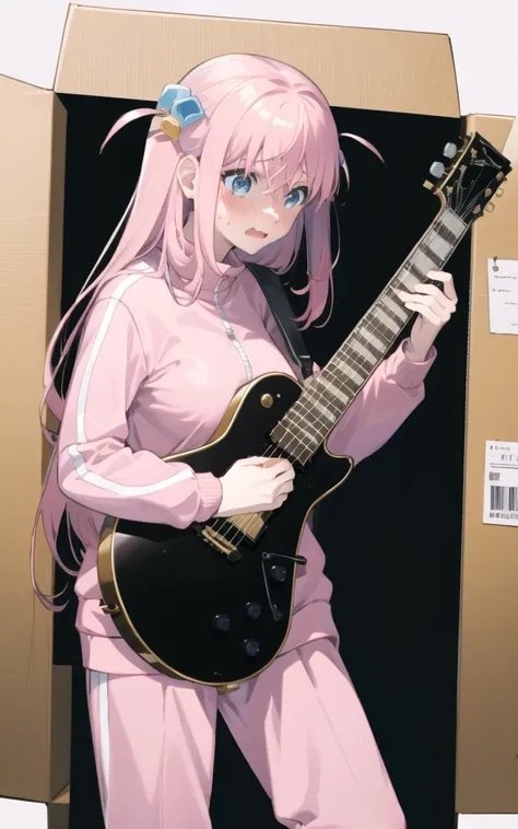 masterpiece,best quality,1girl,solo,
hitori bocchi,pink hair,cube hair ornament,Bgymsuit,ping sport pants,pink sportswear,embarrassed,
(in box:1.1), holding instrument, holding guitar,