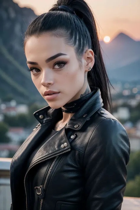 photo of S242_SabaLapiedra,a stunning woman,on a (mountain:1.1),wearing a (leather-coat:1.1),(sunset),(4k, RAW photo, best quality, depth of field, ultra high res:1.1),(absurdres, intricate, photorealistic, masterpiece, ultra-detailed:1.2),