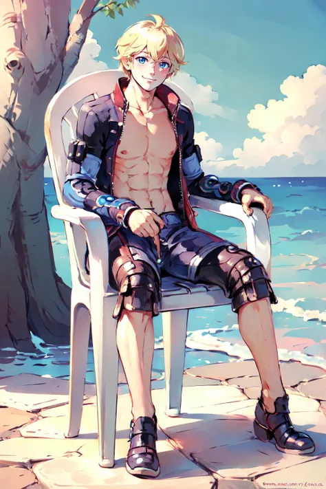 Highly detailed, High Quality, Masterpiece, beautiful, Shulk, <lora:Shulk:0.9>, 1boy, solo, topless, topless male, light smile, motivatedchair, <lora:Pos_Chair:0.8>