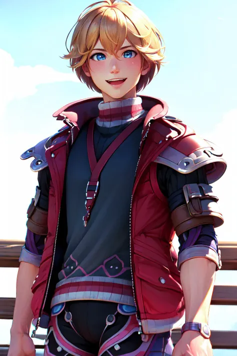Highly detailed, High Quality, Masterpiece, beautiful, Shulk, <lora:Shulk:0.9>, 1boy, solo, shouting, smile, cowboy shot,