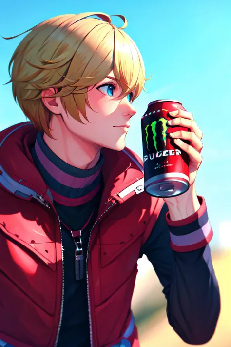 Highly detailed, High Quality, Masterpiece, beautiful, Shulk, <lora:Shulk:0.9>, 1boy, solo, HoldingMonsterEnergy, <lora:Pos_HoldingMonsterEnergy:0.5>