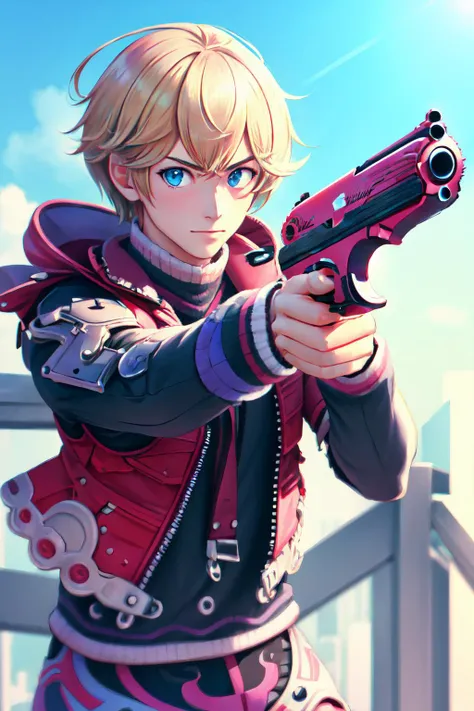 Highly detailed, High Quality, Masterpiece, beautiful, Shulk, <lora:Shulk:0.9>, 1boy, solo, aiming at viewer, handgun, <lora:Pos_AimingHandgunAtViewer:1>