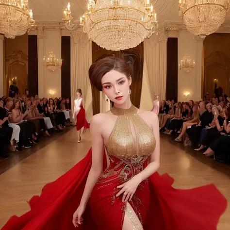 A high-end fashion show. The venue is an opulent ballroom with crystal chandeliers and ornate gold accents. Models strut down a runway adorned in luxurious fabrics,intricate beading,and bold colors. In this scene,the woman wears a stunning red gown that hugs her curves while still allowing for easy movement. Her hair is styled in an elegant updo with tendrils framing her face,giving off an air of sophistication as she observes the latest fashion trends from the front row.,<lora:å¦è³:1>,yuzuki_(hmr813k),