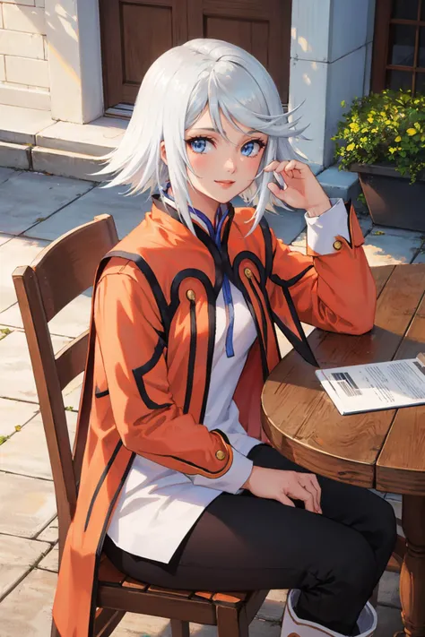 masterpiece, best quality, rainesage, orange coat, white shirt, black pants, sitting, white boots, chair, table, outdoors, looking at viewer, smile <lora:rainesage-nvwls-v1-000009:1>