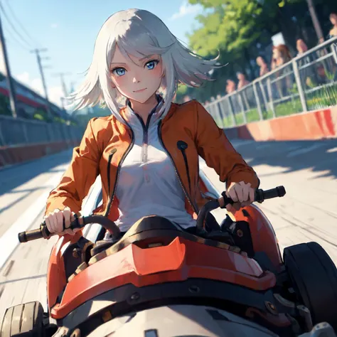 (best quality, masterpiece:1.2),
rainesage, orange coat, white shirt, (driving go-kart:1.2), racetrack, motion lines, motion blur, go-kart racing, multiple go-karts on background, depth of field
<lora:Symphonia_RaineSage_nvwls:1>