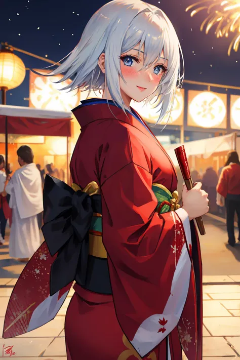 <lora:rainesage-nvwls-v1:0.8> rainesage, blood red kimono
masterpiece, best quality, absurdres, festival, fireworks, smile, blush