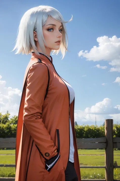 masterpiece, best quality, rainesage, orange coat, white shirt, black pants, looking at viewer, from side, walking, farm, fence, sky, medium breasts <lora:rainesage-nvwls-v1-000009:0.9>
