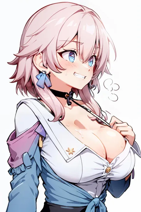 masterpiece, best quality, <lora:March7th:0.8>, <lora:style04:0.8>,march7th, 1girl, breasts, solo, pink hair, cleavage, shirt, choker, earrings, white shirt, large breasts, smile, white background, jewelry, blue eyes, sweat, looking to the side, upper body, long sleeves, bangs, simple background, looking away, collarbone, black choker, blush, grin, trembling, hair between eyes, long hair, short hair with long locks