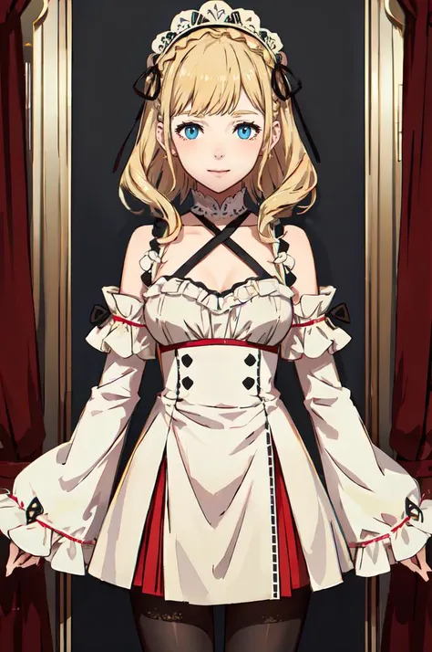 ultra detailed, masterpiece, best quality,
solo,
cowboy shot,
facing viewer,
soft smile, light smile,
1girl, blue eyes, long blonde hair, french braid, bangs, medium breasts, long hair, blonde hair,
hair ribbon, frilled choker, criss-cross halter, sleeveless dress, high-waist skirt, backless dress, waist bow, detached sleeves, frilled sleeves, wide sleeves, pantyhose, patterned legwear, mary janes,
<lora:FEFATE-Live2dV2_Fp:1>