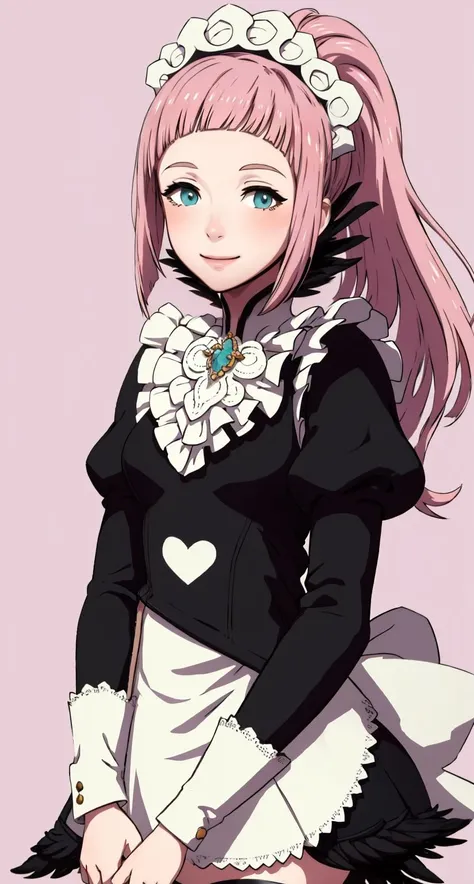 masterpiece, best quality, 1girl, smile, solo, looking at viewer, <lora:FEFATE-Live2dV2_Fp:1>, (white background:0.6), upper body, simple background, <lora:felicia-fe-richy-v1:1>, feliciadef, maid, maid headdress, black thighhighs
