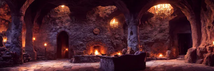 360 full panorama view, (horizon-centered:1), (POV shot),.Dwarven Dungeons, main blacksmith hall, forge, high ceiling cave, engraved walls, golden ornament on cliff walls, decorated polished floors, dwarves forge axes, high temperature, iron, sparkles.