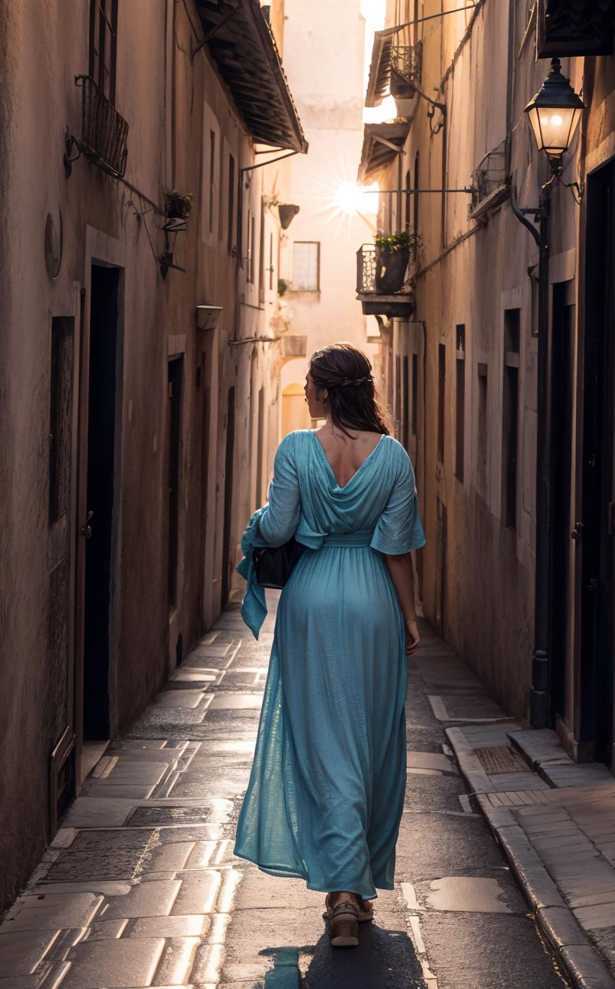 Arafed woman in a blue dress walking down a narrow alleyway - SeaArt AI