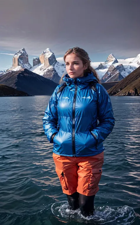 fashion photo of fertility goddess,  (style of Paul Nicklen), [remote wilderness exploration:Puerto Natales ocean research:0.8] narrative, capturing the essence of a dedicated ocean researcher's journey in the rugged, serene landscape of Puerto Natales, Chile. Amidst this backdrop of natural majesty, the researcher stands as a figure of resilience and curiosity, her attire a practical ensemble of waterproof gear and sturdy boots, designed to withstand the unpredictable weather and rough terrains of the region. Her equipment is state-of-the-art, including marine GPS, water sampling bottles, and a rugged laptop, signaling a commitment to uncovering the secrets held by the ocean and its ecosystems. The setting is a breathtaking view of the fjords near Puerto Natales, where the stark, dramatic beauty of the cliffs meets the tranquil, deep blue of the ocean. This area, a gateway to the Torres del Paine National Park, serves as a less-trodden path to understanding the complex marine environment. The composition captures her aboard a small research vessel, navigating through the serene waters, with the panoramic vista of snow-capped mountains in the distance, reflecting the unique confluence of marine and mountain ecosystems. In the foreground, the researcher is depicted collecting water samples, her focused gaze reflecting the importance of her work in contributing to our understanding of these remote waters. The scene is enriched by the presence of local marine life - perhaps a group of Patagonian dolphins accompanying the boat, hinting at the biodiversity that thrives in these cold waters. This imagery not only highlights the researcher's individual journey but also speaks to the broader narrative of exploration and conservation in one of the planet's most remote and beautiful locales. It's a testament to the spirit of adventure and scientific inquiry that drives individuals to these far corners of the earth, seeking to preserve the delicate balance of our natural world.