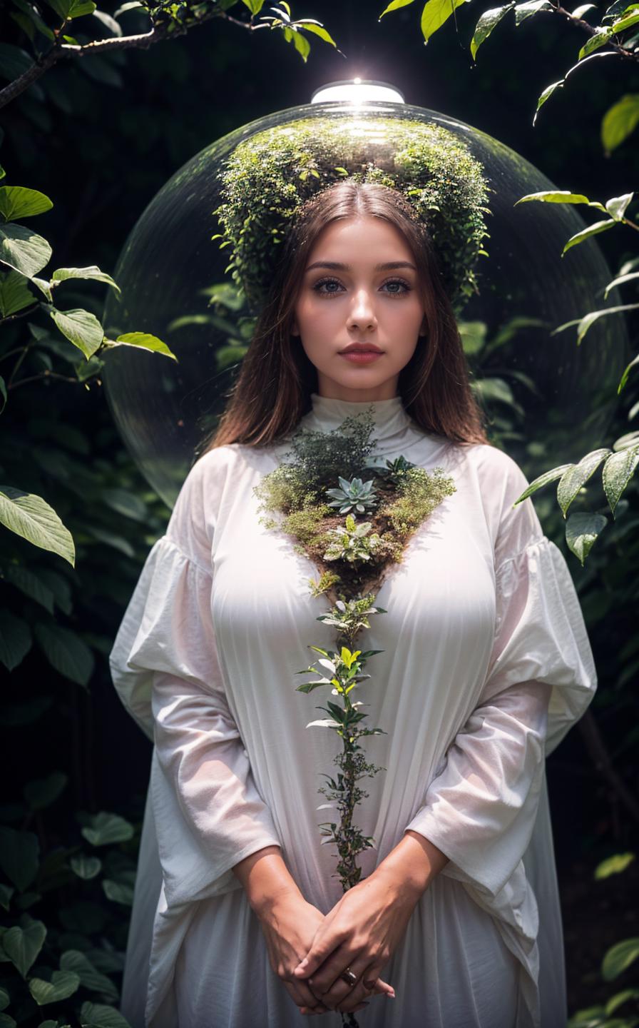 A woman in a white dress and a green crown stands in a forest - SeaArt AI