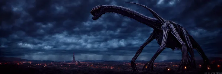 360 full panorama view, (horizon-centered:1), (POV shot), towering alien monster, style by H.R.GIGER