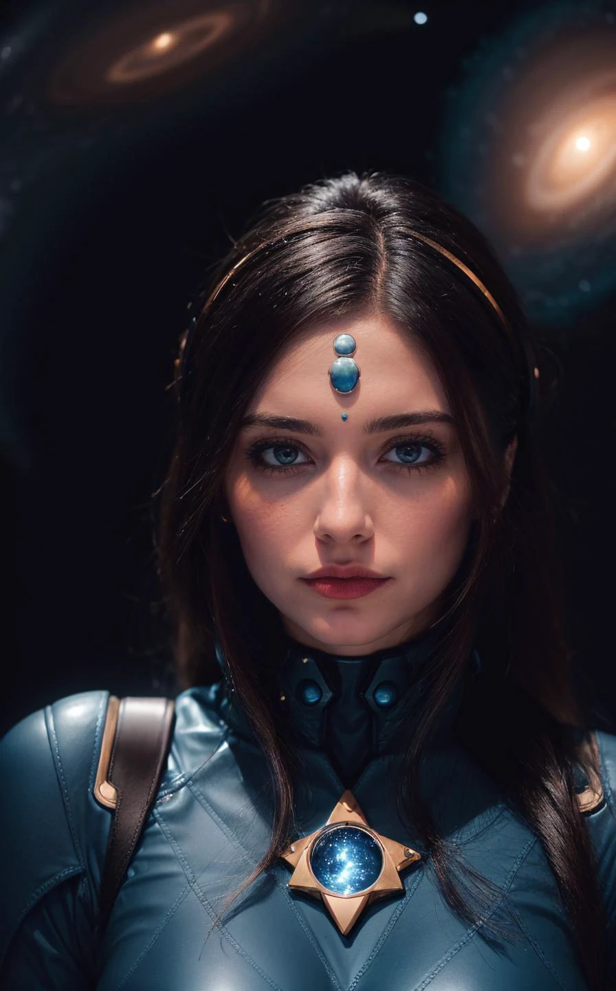 fashion photo of fertility goddess, A woman, captain of a starship, navigates through a nebula, her face illuminated by the cosmos, as she charts a course to distant galaxies.