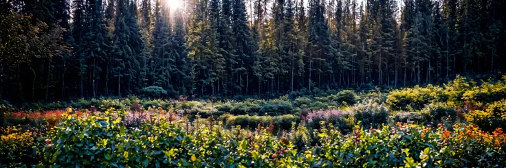Bright sun shining through colourful dense garden forest.