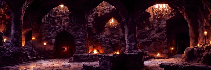 360 full panorama view, (horizon-centered:1), (POV shot),.Dwarven Dungeons, main blacksmith hall, forge, high ceiling cave, engraved walls, golden ornament on cliff walls, decorated polished floors, dwarves forge axes, high temperature, iron, sparkles.