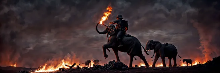 war elephants, body armour, weapons, flames
