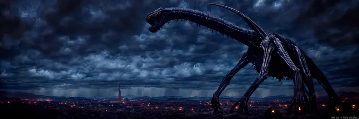 360 full panorama view, (horizon-centered:1), (POV shot), towering alien monster, style by H.R.GIGER