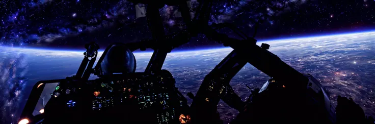 360 full panorama view, Flight deck on a Space station, quazar outside window