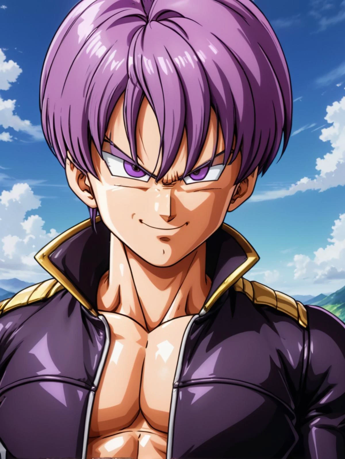 <lora:toriy4m4_v4-000007:0.65> a masterpiece, highly detailed, highest quality, original art full color anime frame of standing 1man, short purple hair, looking at the viewer, smiling, evil, muscular, wearing open leather jacket, with athletic body, in the style of akira toriyama