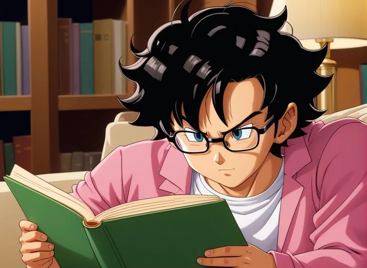 Cel Shaded Art of <lora:toriy4m4_v4-000007:0.8> a masterpiece, highly detailed, highest quality, original anime art of 1boy studying hard, glasses, reading book, curly black short hair, serious focused face wearing a pink shirt laying on a sofa in the style of akira toriyama, 2D, flat color, toon shading, cel shaded style